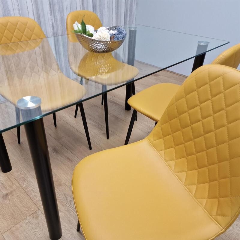 Glass Dining Table Set with 4 Mustard Faux Leather Chairs for Kitchen
