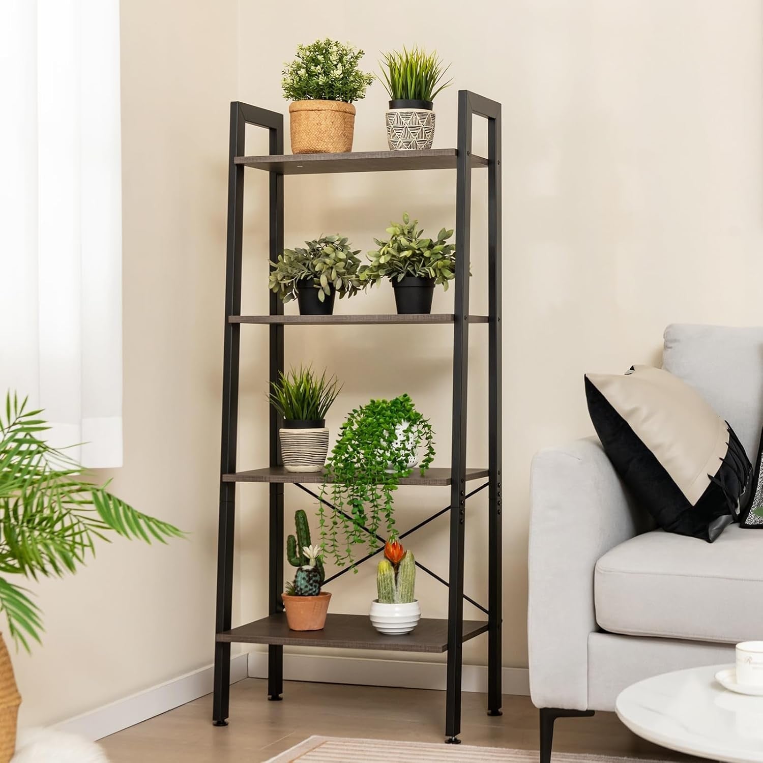 Black Industrial Ladder Shelf 4-Tier Freestanding Storage Rack Plant Stand