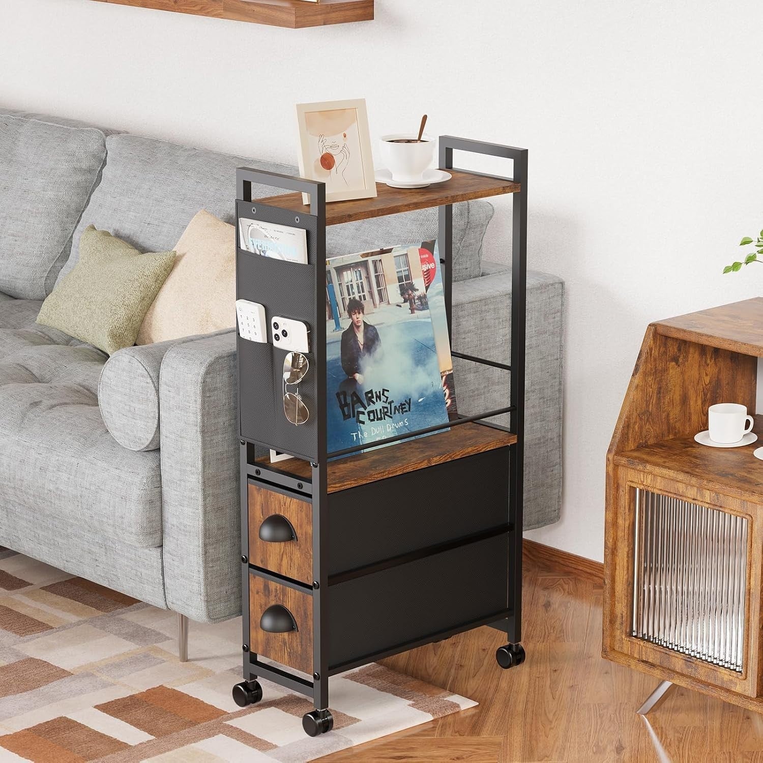 Retro Black Narrow Side Table 42x20x80 cm | Slim Nightstand w/ Drawers & Storage