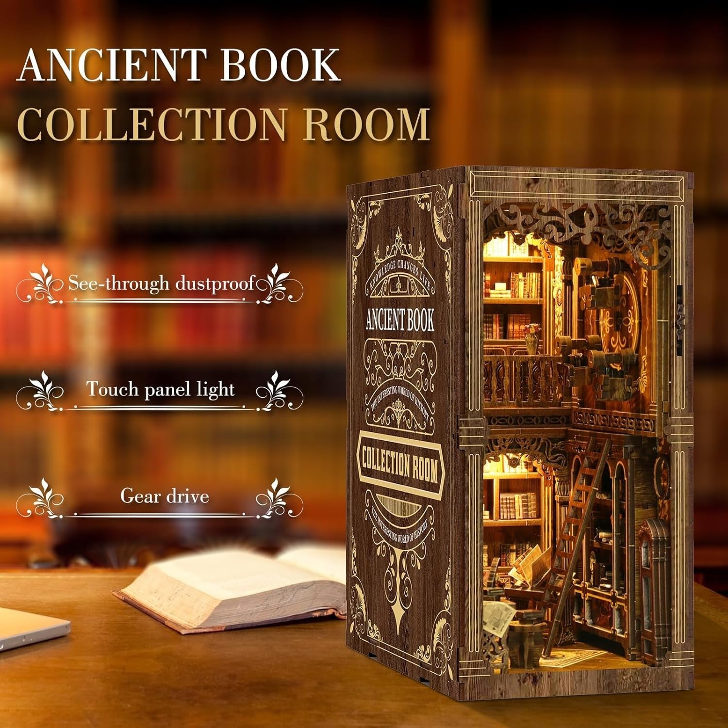 DIY Book Nook Kit with LED Lights – 3D Wooden Puzzle Shelf Insert Gift