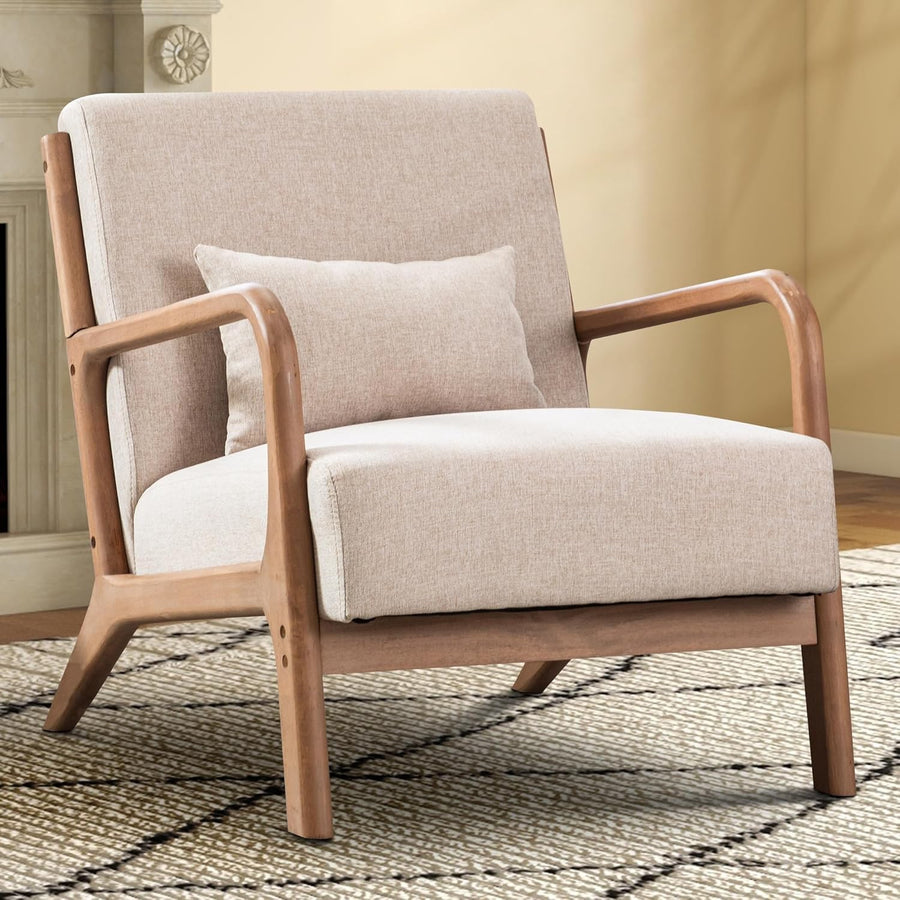 Beige Accent Armchair High Back Upholstered Solid Wood Frame
