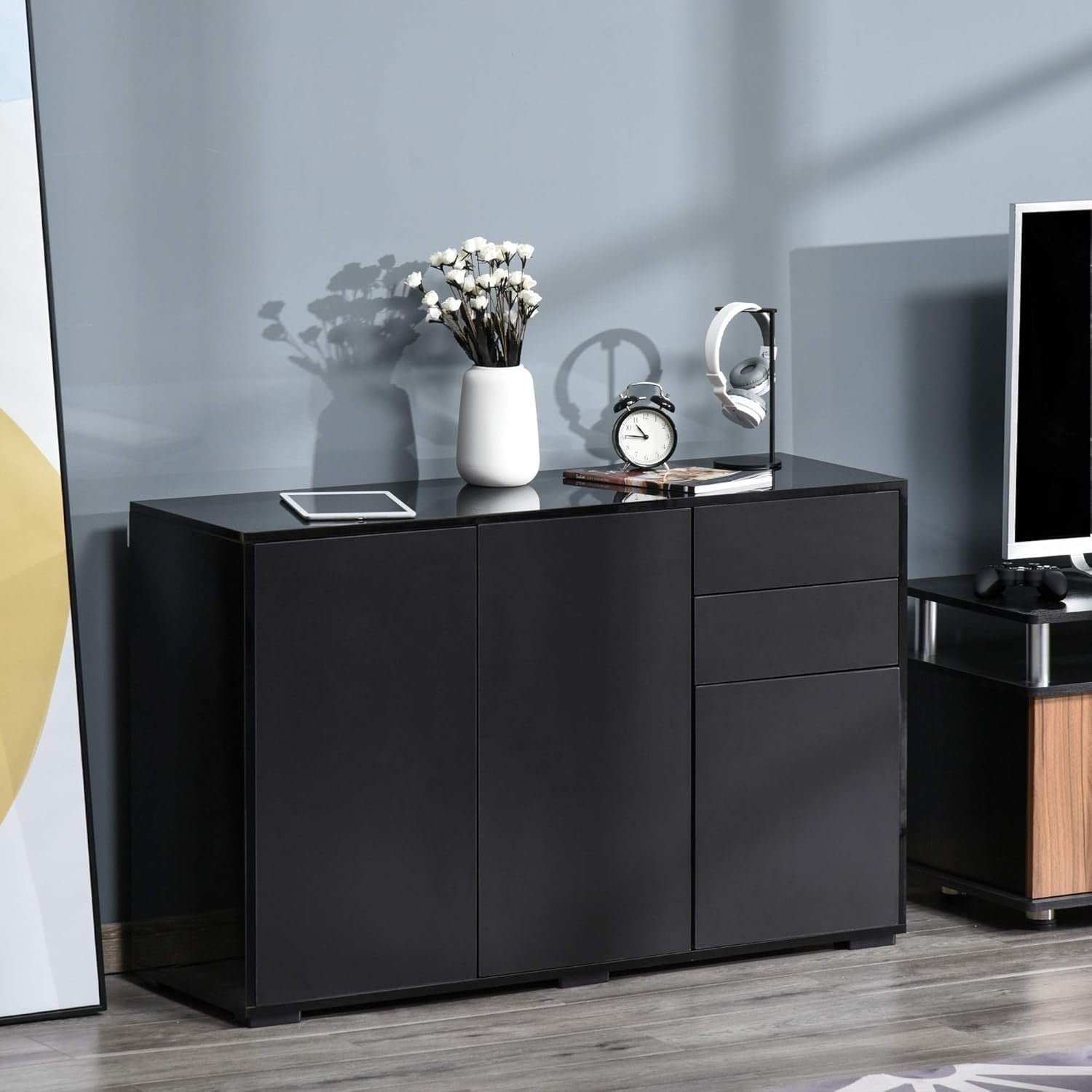 High Gloss Sideboard Cabinet with 2 Drawers & Push-Open Doors - Living Room
