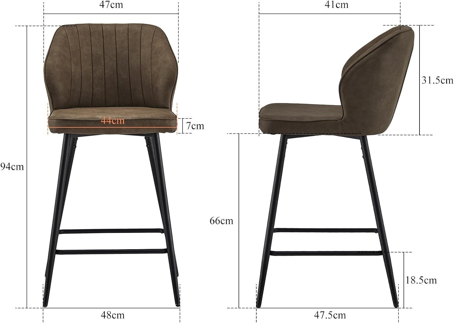 Brown Bar Stool Set of 2 | Faux Leather Counter Stools with Back & Arms