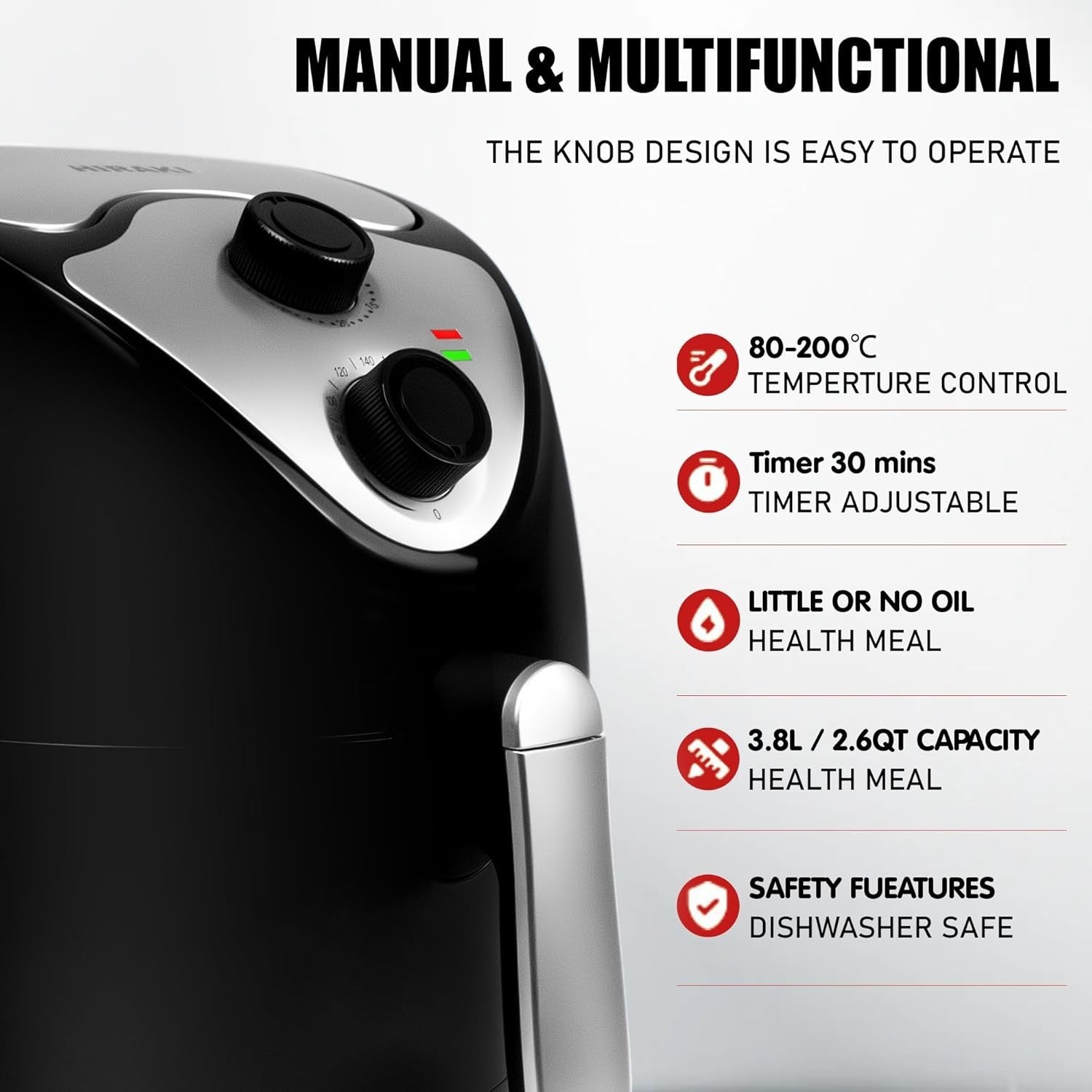 3.8L Compact Air Fryer Manual 200°C Rapid Heat 30min Timer Nonstick
