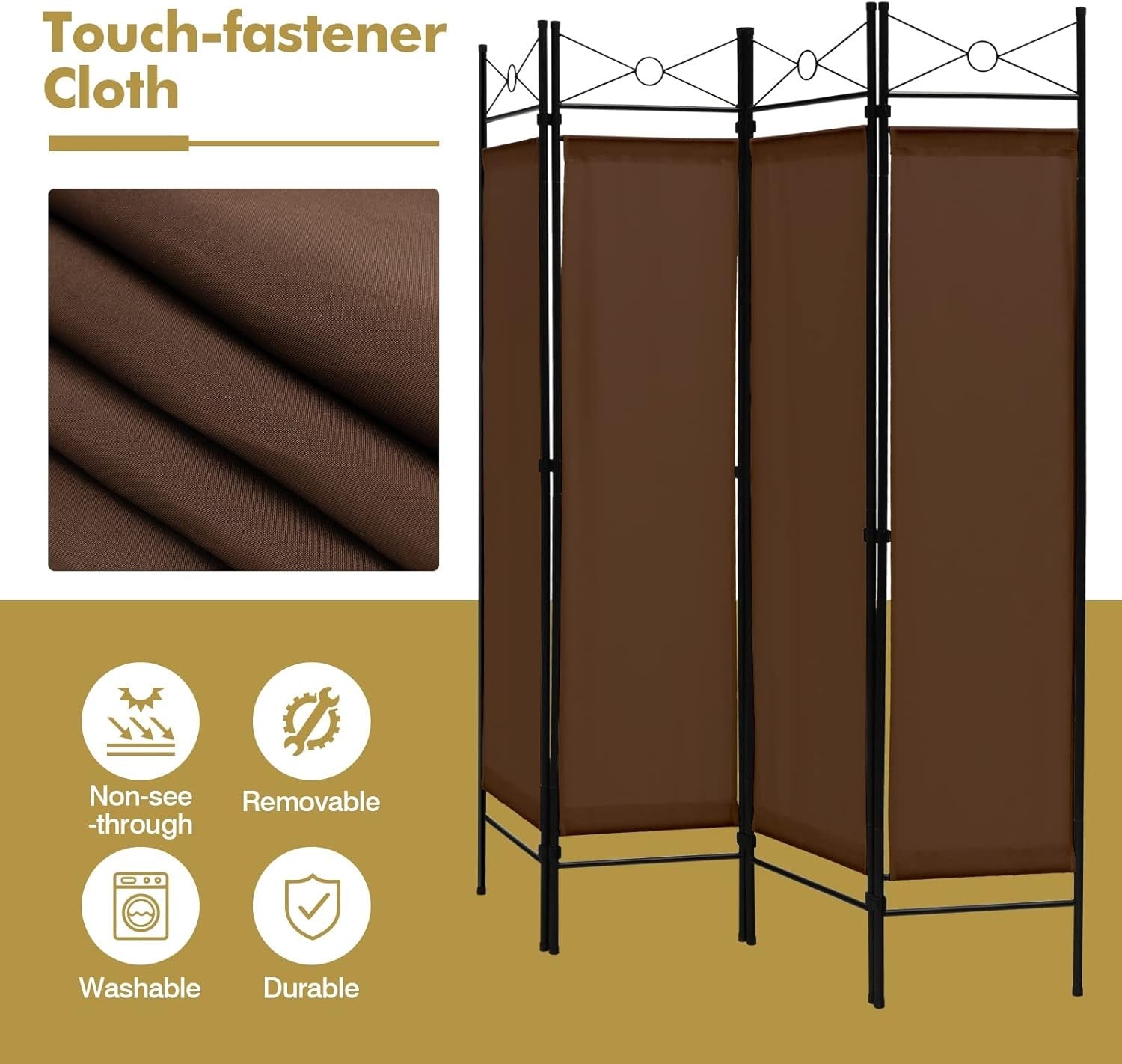 4 Panel Brown Folding Room Divider Privacy Screen for Bedroom Office Living