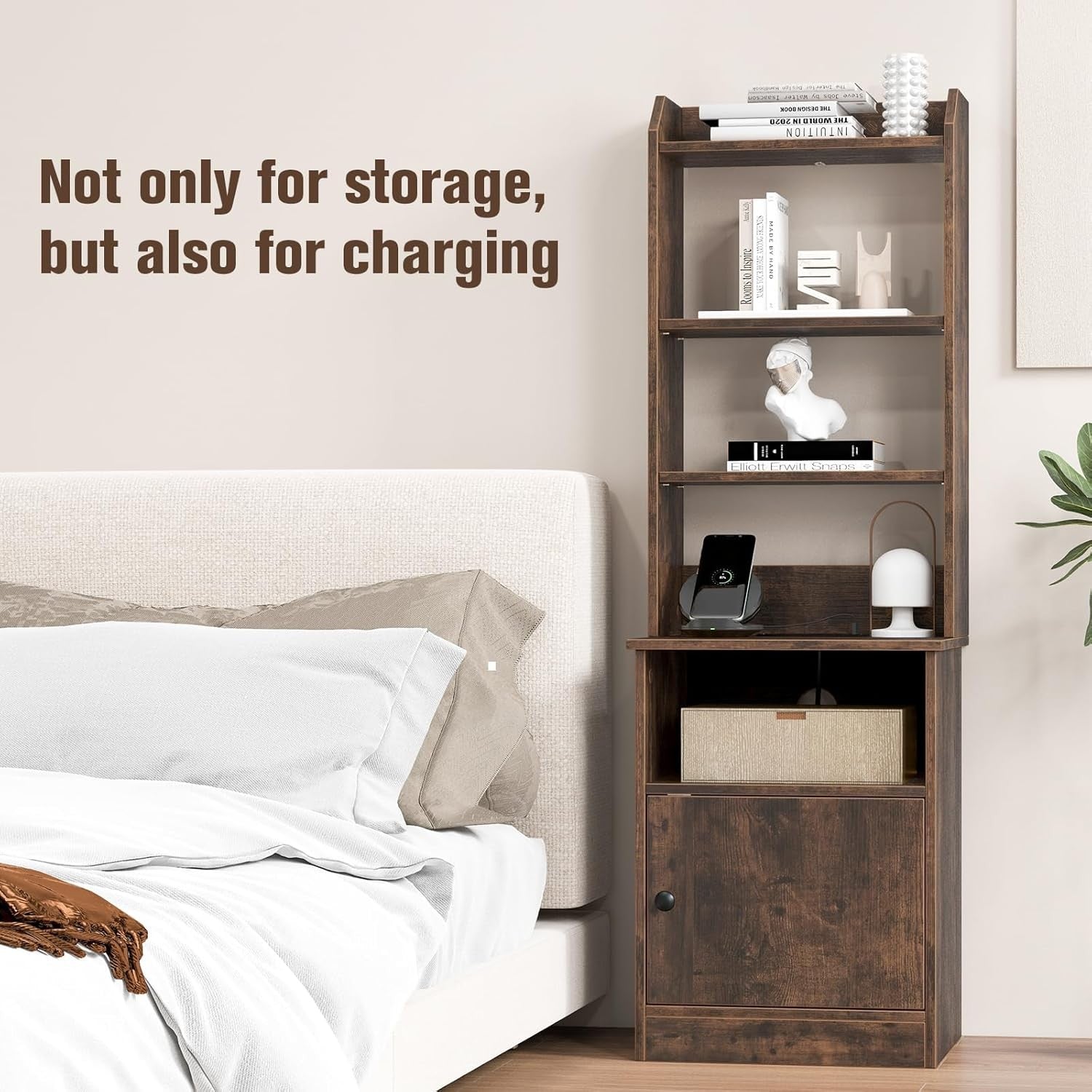 140cm Tall Rustic Brown Bedside Table with Charging Station & Adjustable Bookshe