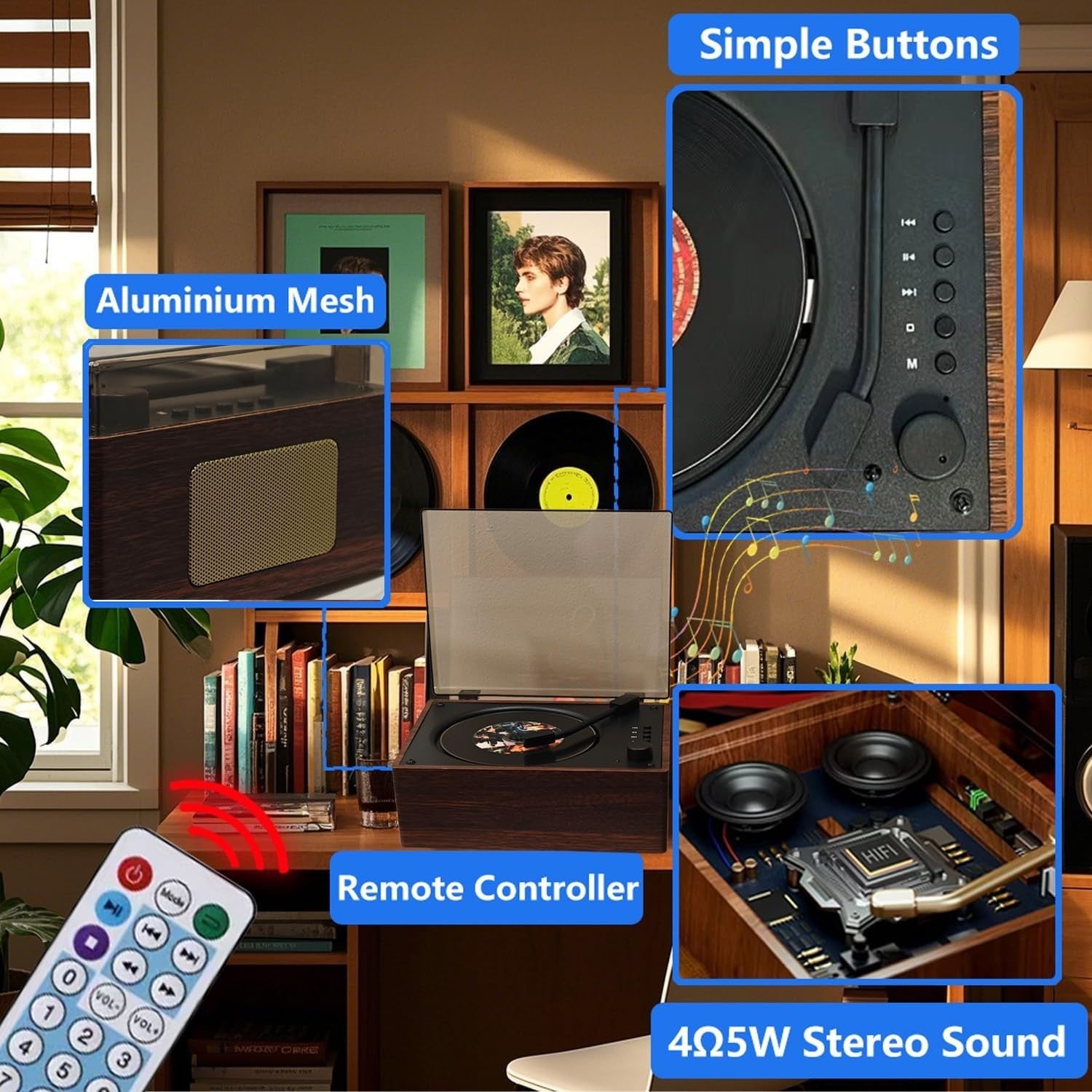 Retro Bluetooth CD Player HiFi Speakers USB AUX Type C Remote Walnut