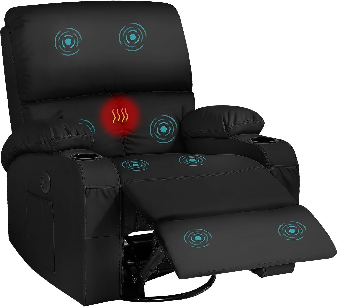 Swivel Rocker Recliner Massage Heat USB Type-C Charging Faux Leather Black