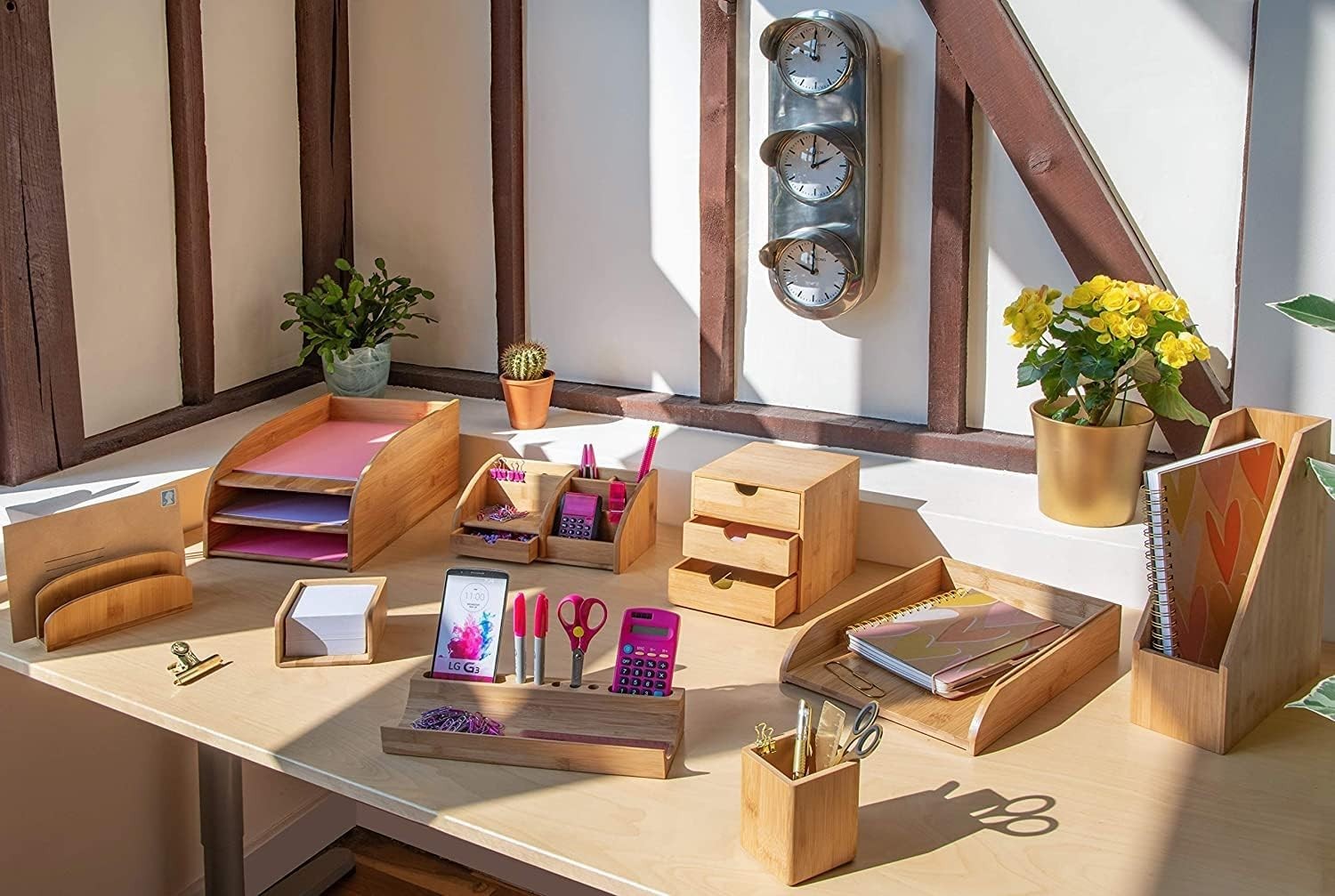 Bamboo Desk Organiser 6 Compartments 1 Drawer Office Tidy 3-Pack