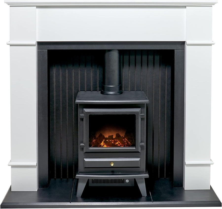 Freestanding White Electric Fireplace Stove 0.9-1.8kW LED Flame Heater