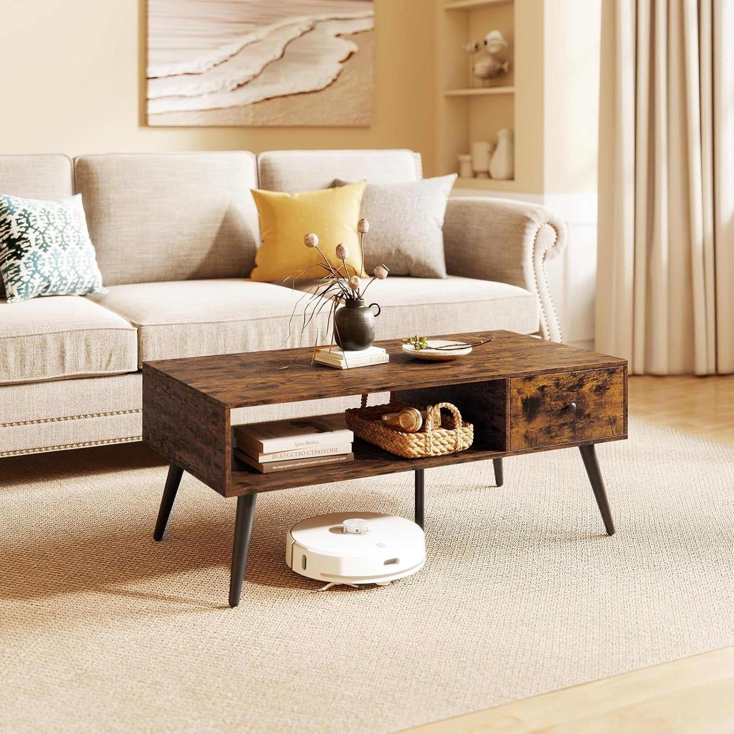 Rectangular Coffee Table with Drawer & Shelf, Rustic Brown 109x55x42cm