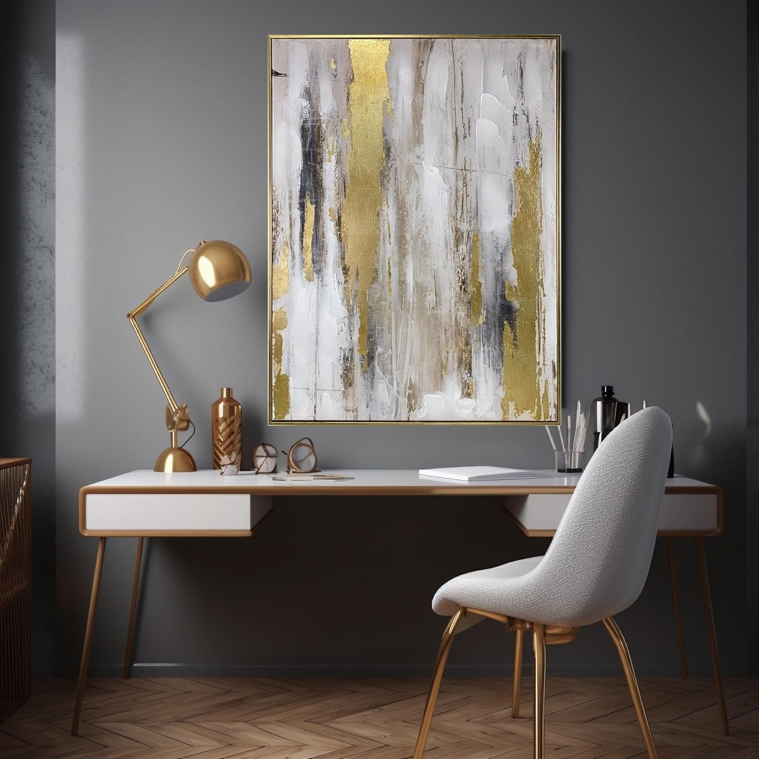 Gold & Gray Abstract Canvas Wall Art – Modern Textured 24x32" Framed