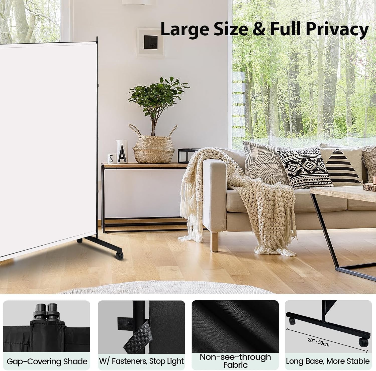 Freestanding Room Divider Panel 180x190cm White Privacy Screen on Wheels