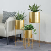 Set of 3 Gold Metal Plant Stands with Pots Modern Tall Indoor Decorative Planter