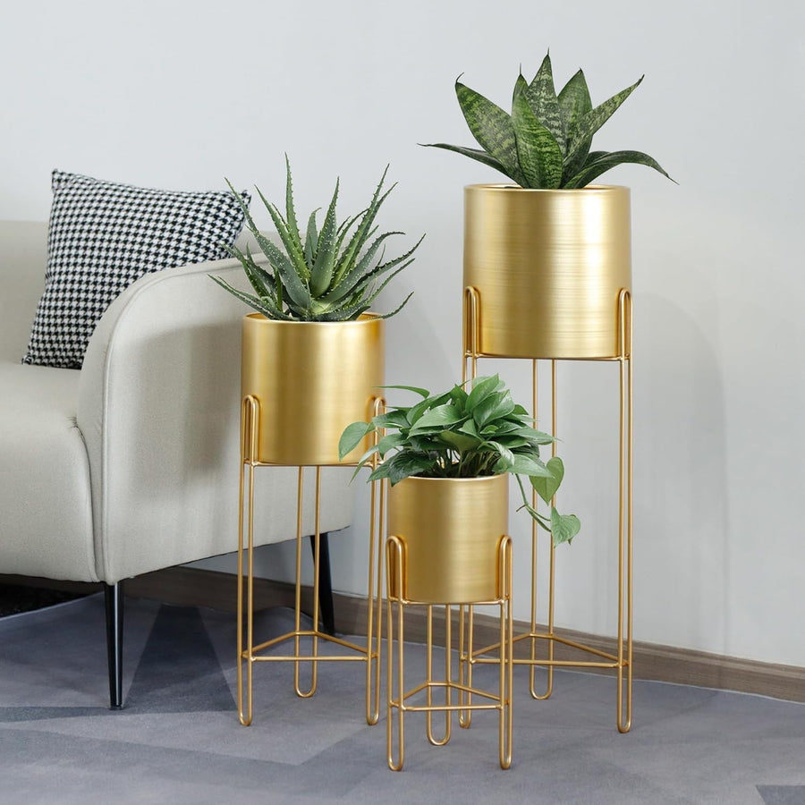 Set of 3 Gold Metal Plant Stands with Pots Modern Tall Indoor Decorative Planter