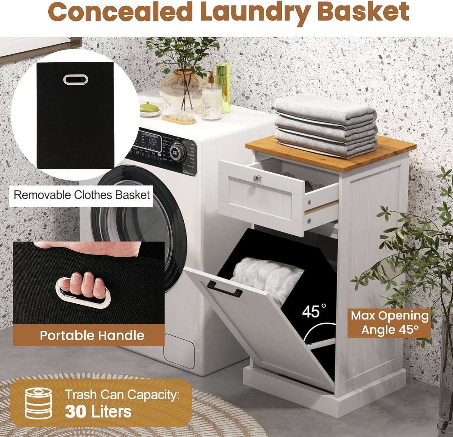 White Tilt-Out Laundry Hamper Cabinet with Drawer 30L Basket Bathroom Unit