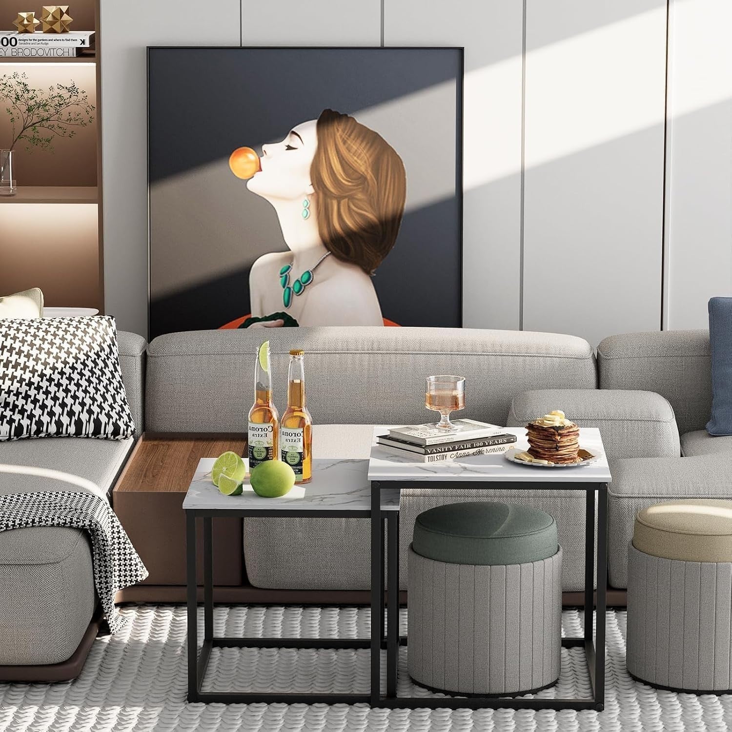 Black Nesting Coffee Table Set Modern Square Side End Tables Metal Frame