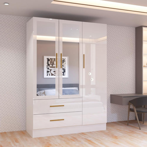 Modern 3 Door High Gloss Wardrobe with Mirror, Drawers & Hanging Rails