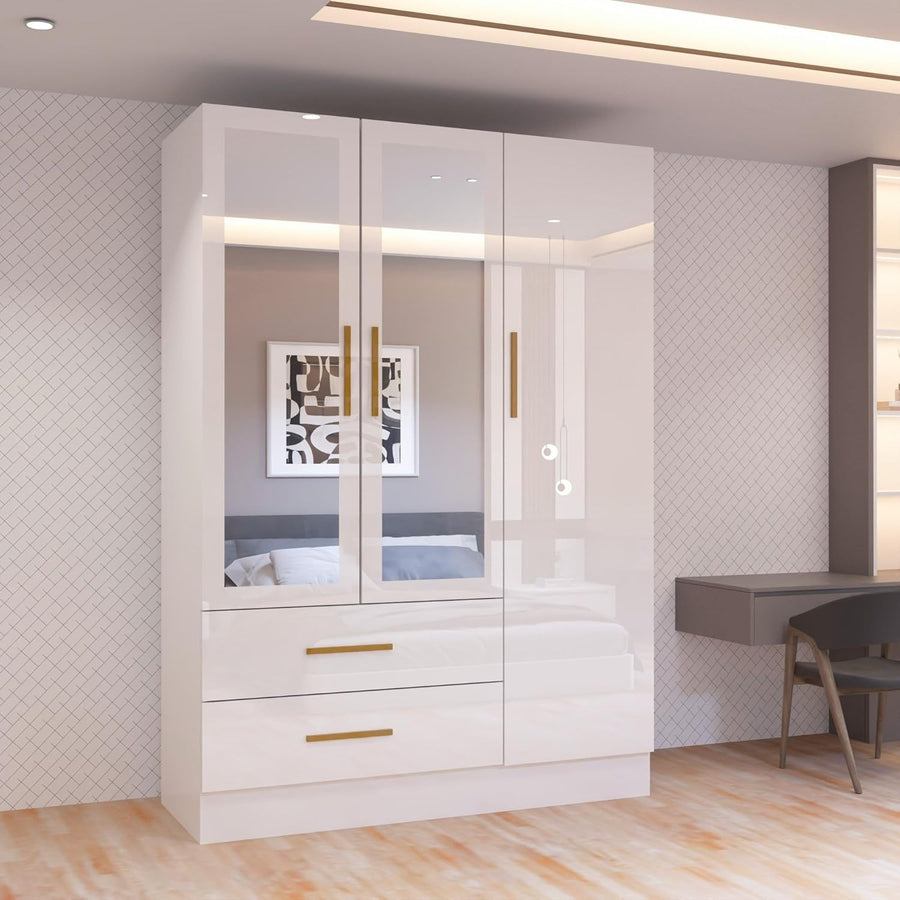 Modern 3 Door High Gloss Wardrobe with Mirror, Drawers & Hanging Rails