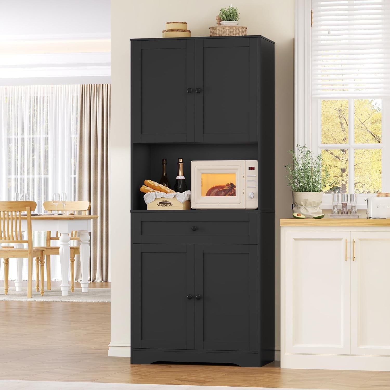 Tall Black Kitchen Cabinet Cupboard with Countertop & Adjustable Shelves