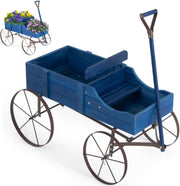 4-Wheel Wooden Garden Wagon & Blue Planter Cart w/ Handle for Outdoor Flower