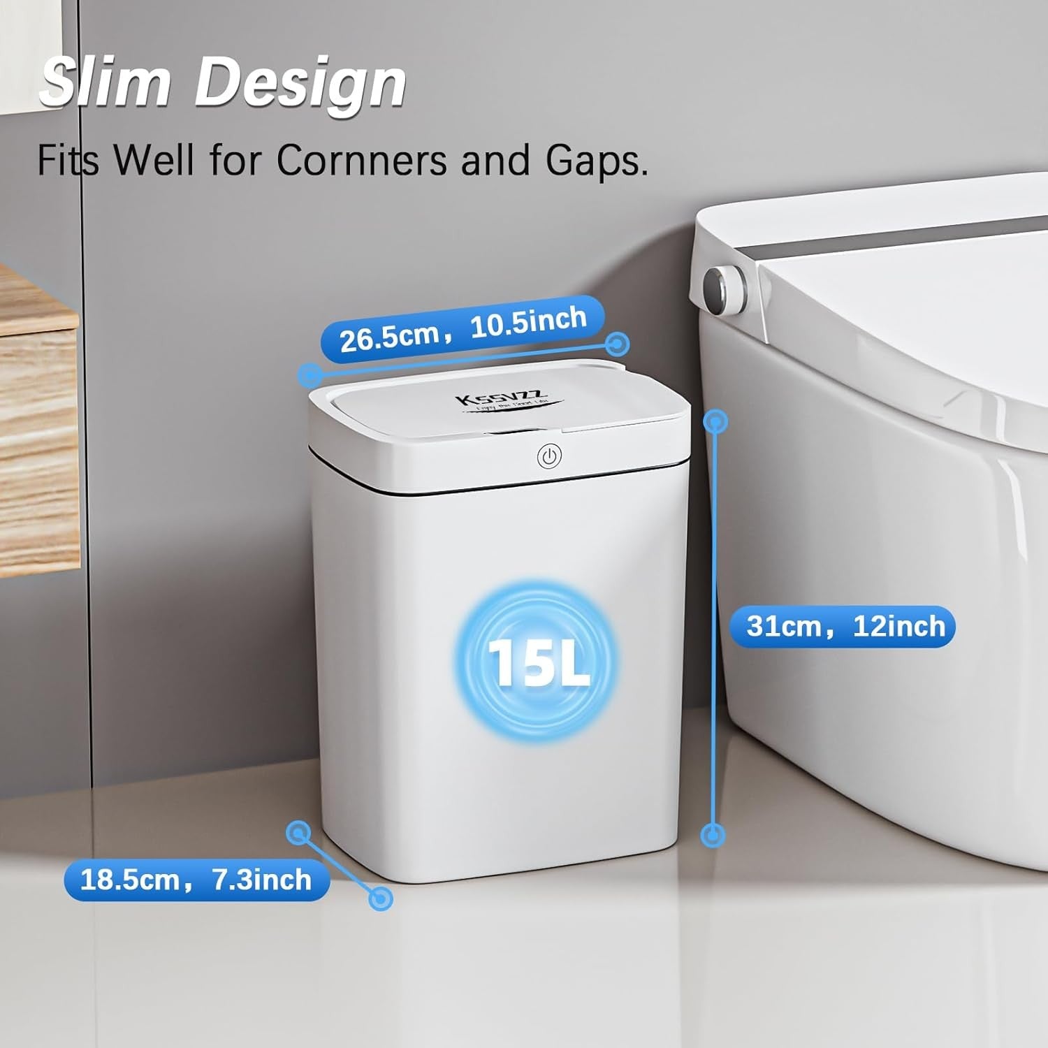 2 Pack 15L Touchless Sensor Bins Slim Waterproof Auto Lid White