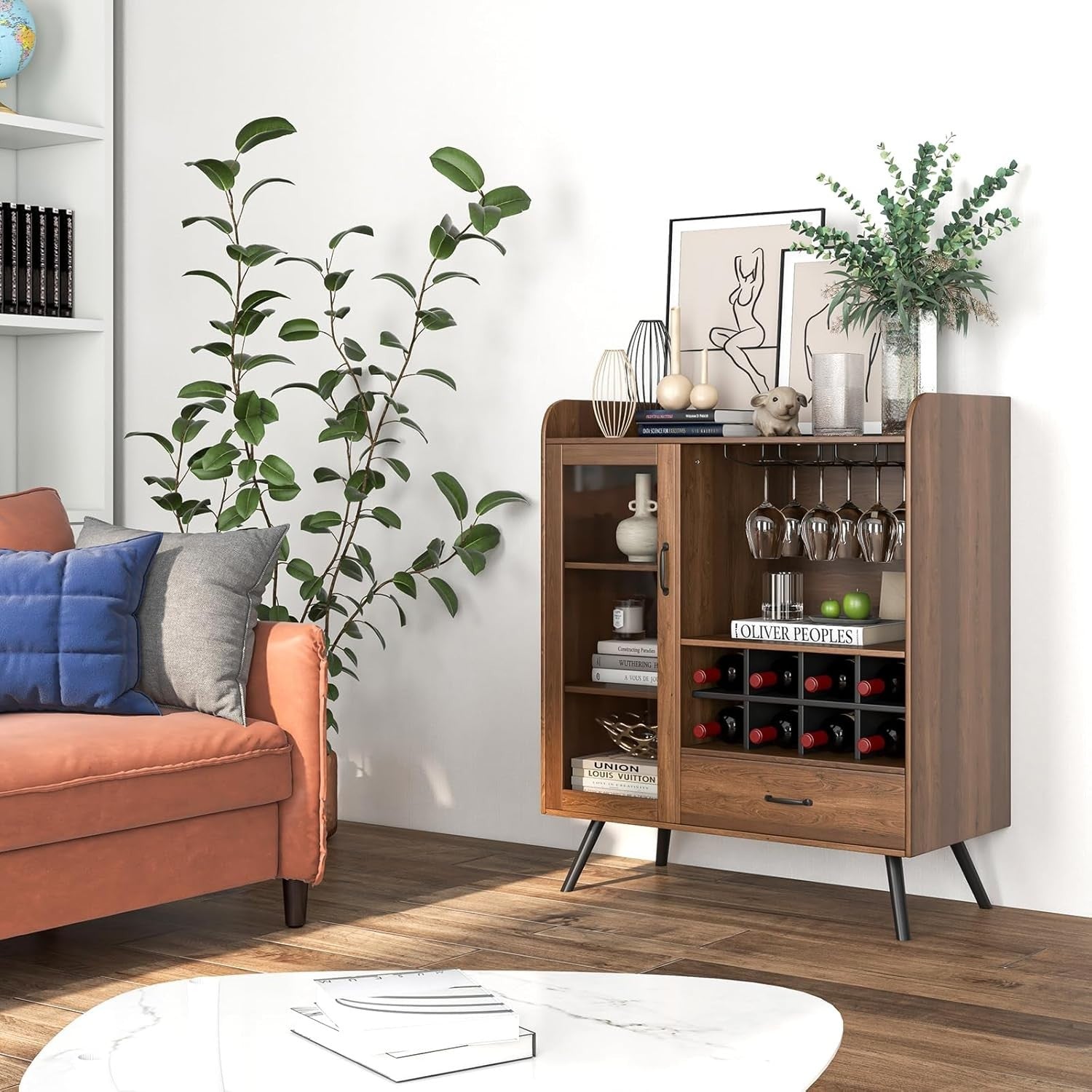 Rustic Sideboard Drinks Cabinet with Wine Rack Glass Holder Drawer Home Bar