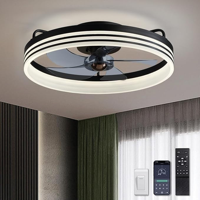 50cm Modern Black Ceiling Fan Light with Remote & App, 6 Speeds, Dimmable LED