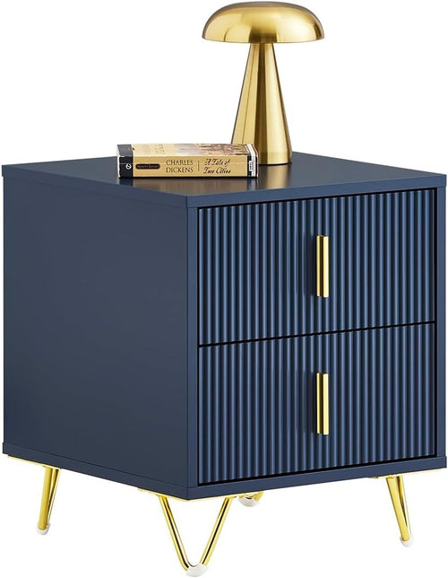 Blue Bedside Table with 2 Drawers & Gold Legs – Modern Nightstand