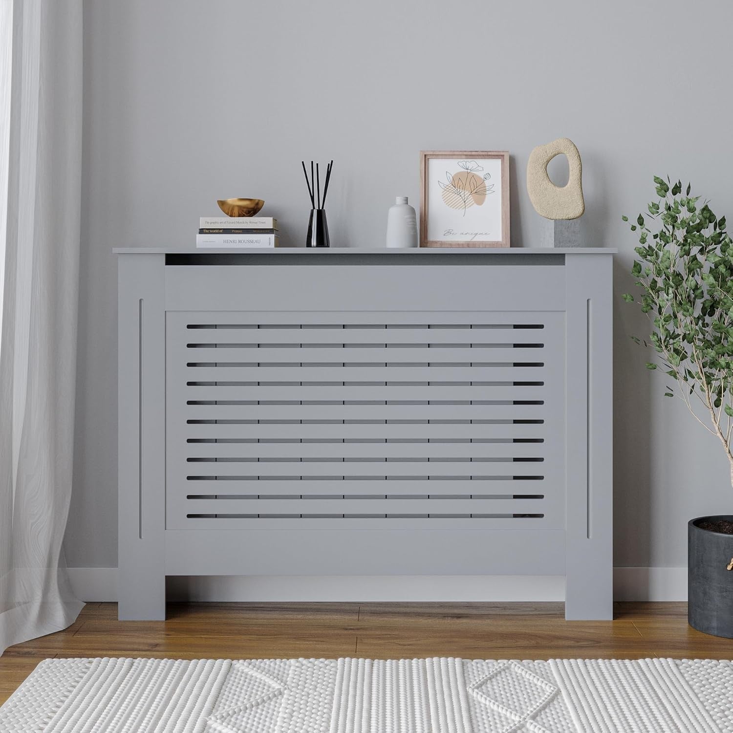 Grey Wooden Radiator Cover MDF Grill Shelf | Medium Modern Heater Cabinet 111cm