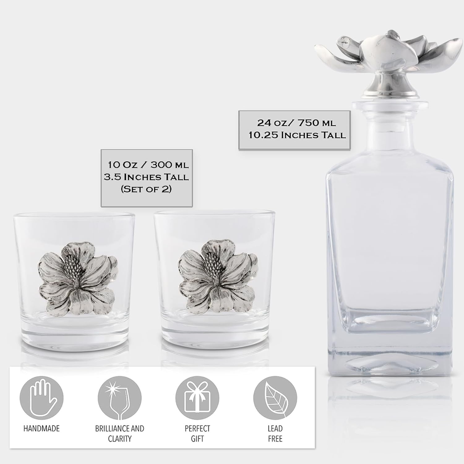Luxury Magnolia Decanter Set 750ml with Floral Whiskey Glasses | Elegant Bar Gif