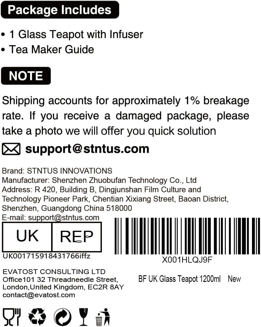 Glass Teapot 1200ml with Stainless Steel Infuser Loose Leaf Tea Pot