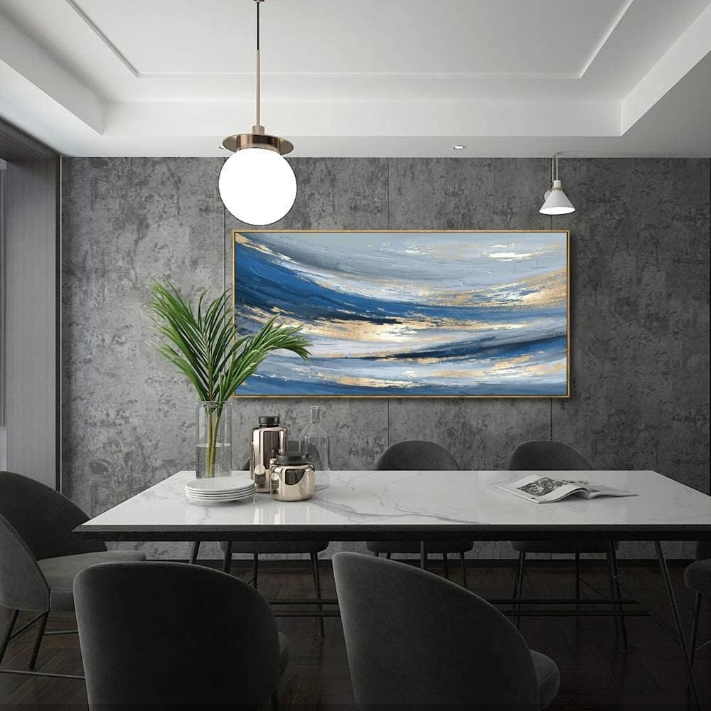Blue Gold Abstract Canvas Wall Art – Large Framed Painting 40x20in