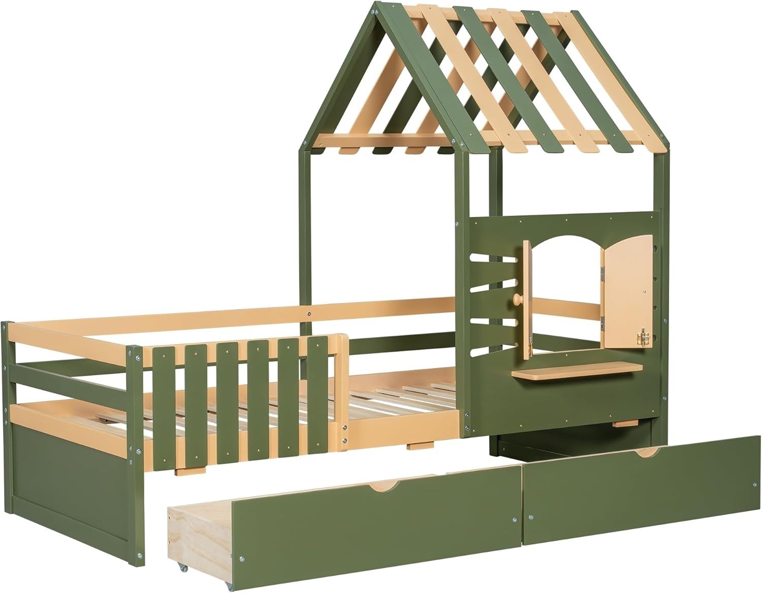 Kids Wooden Bed Frame 3ft Single 90x190cm w/ Roof Window Guardrail & Storage