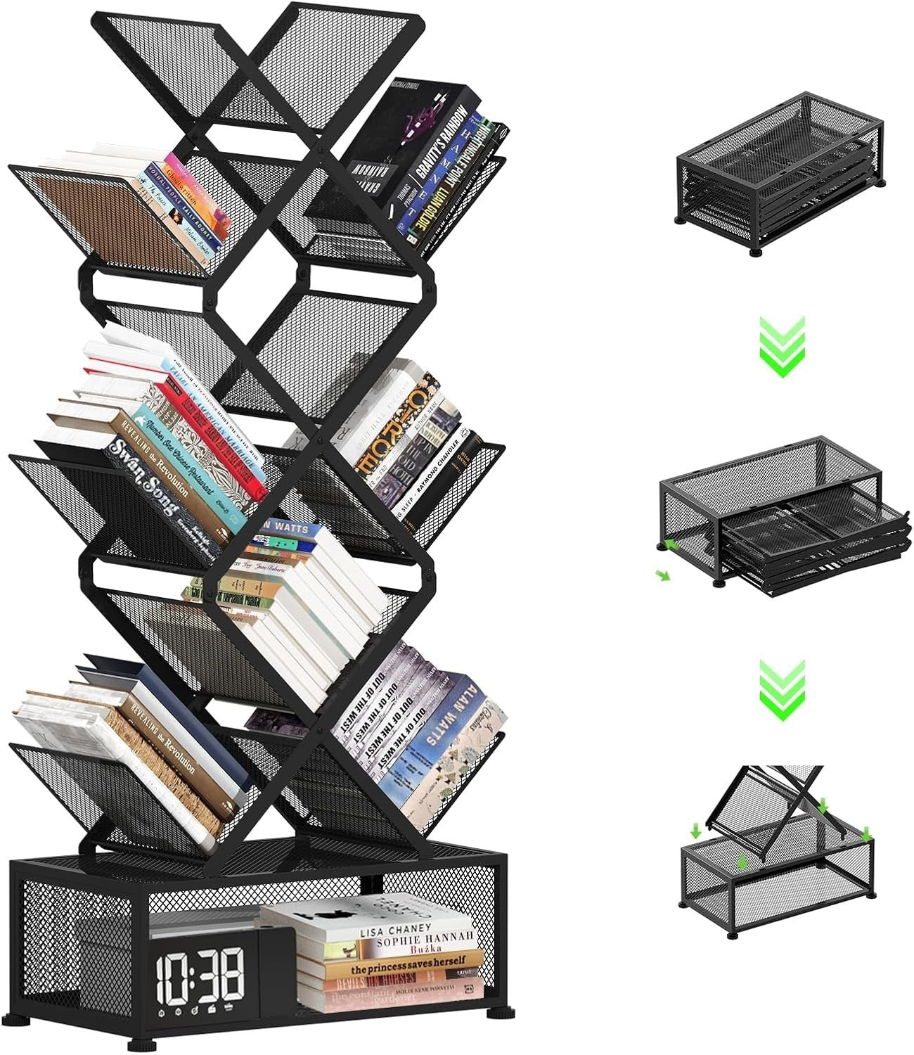 9 Tier Folding Tree Bookshelf Metal Storage Rack No Installation Black