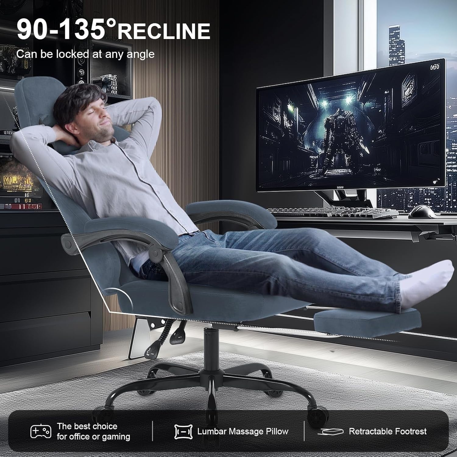 Gaming Chair Ergonomic Recliner Grey Faux Leather Adjustable Footrest Office