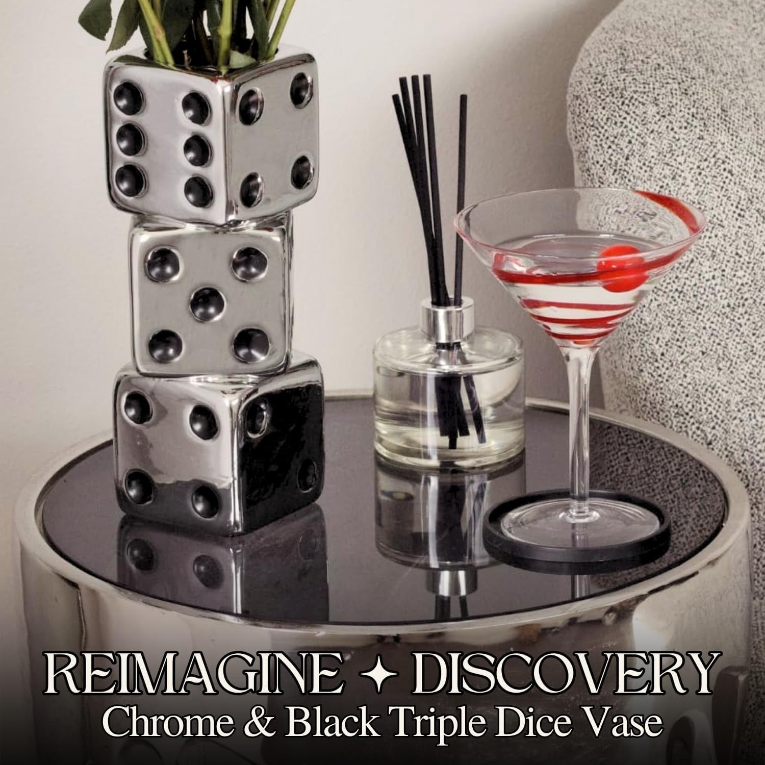 Dice Vase Ceramic Triple Stack Silver Black Dot Modern Table Flower Decor