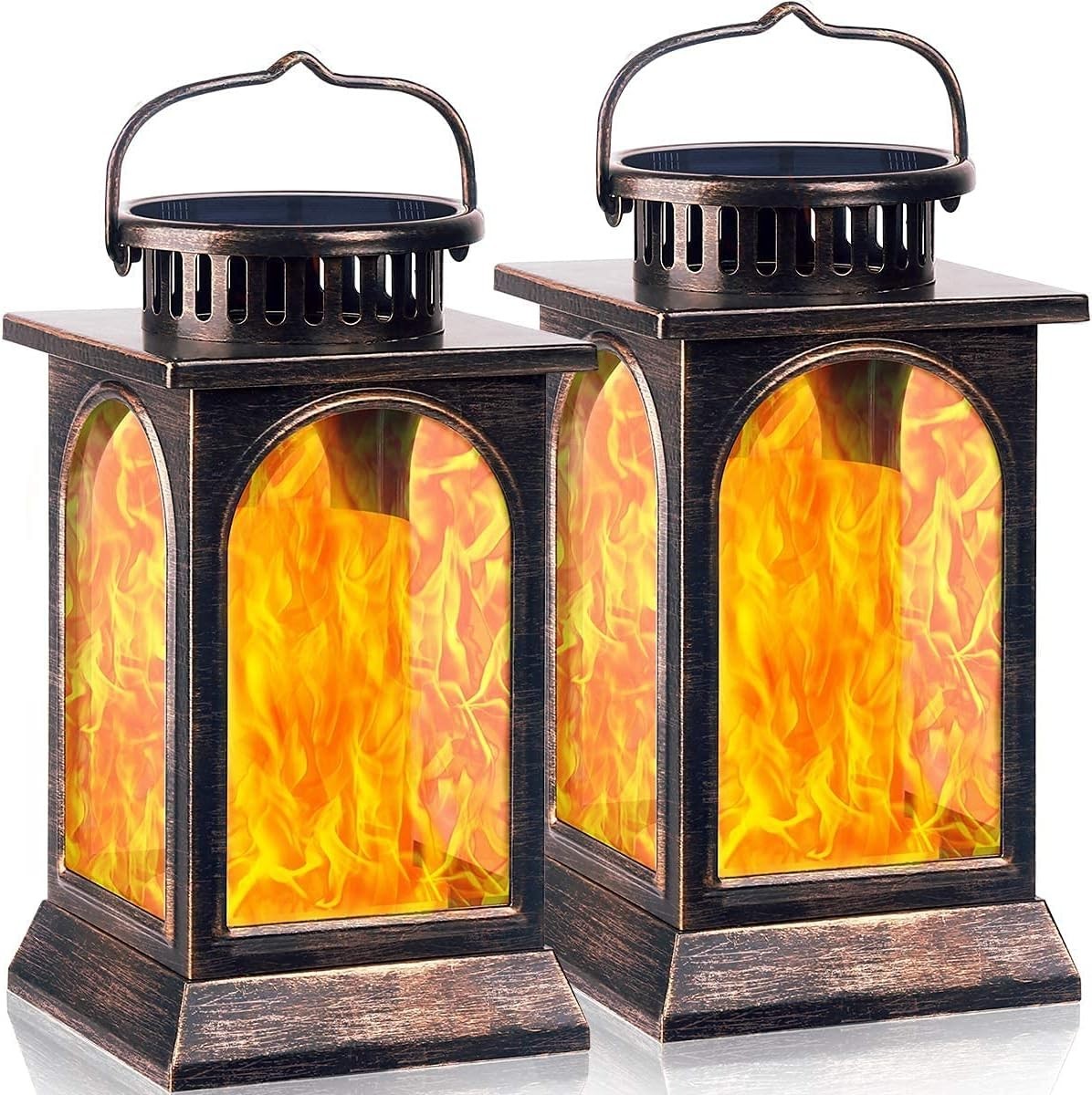 2 Pack Solar Flame Lanterns, Outdoor Waterproof, Bronze