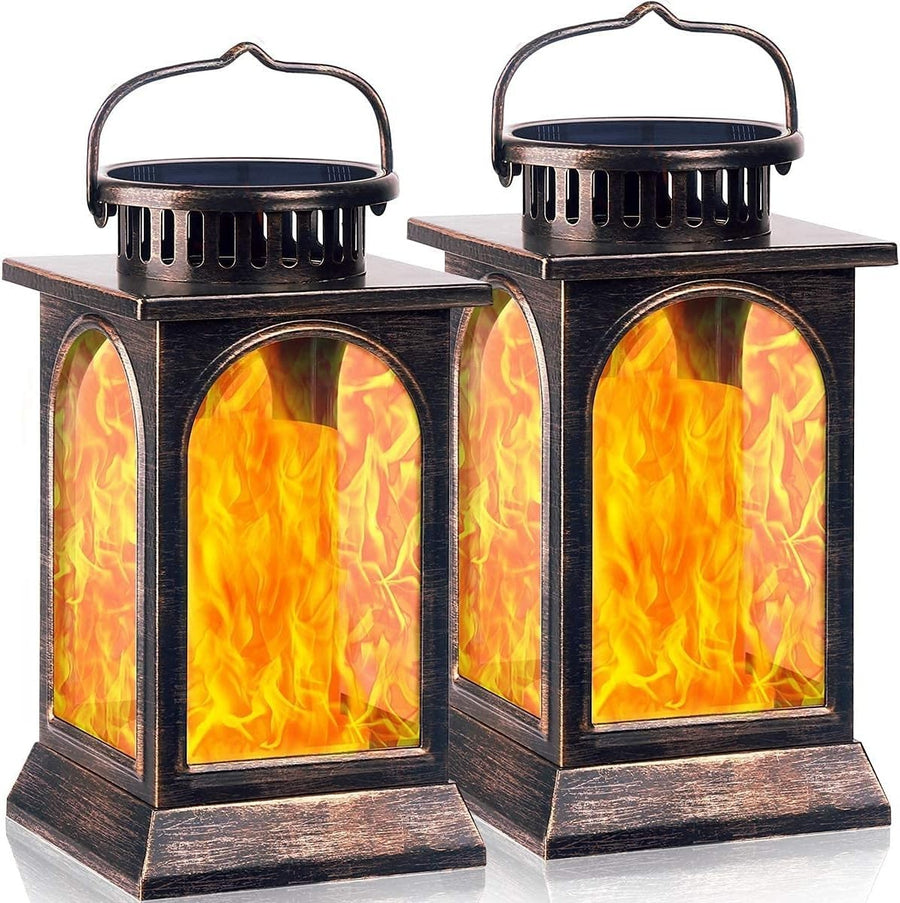 2 Pack Solar Flame Lanterns, Outdoor Waterproof, Bronze