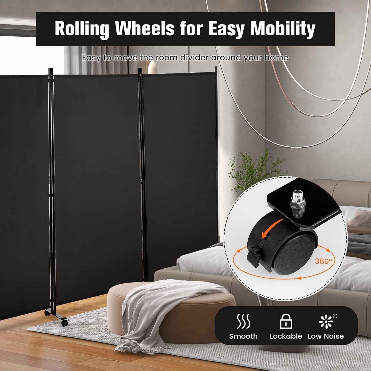 3 Panel Black Folding Room Divider Privacy Screen on Wheels for Home Office Use