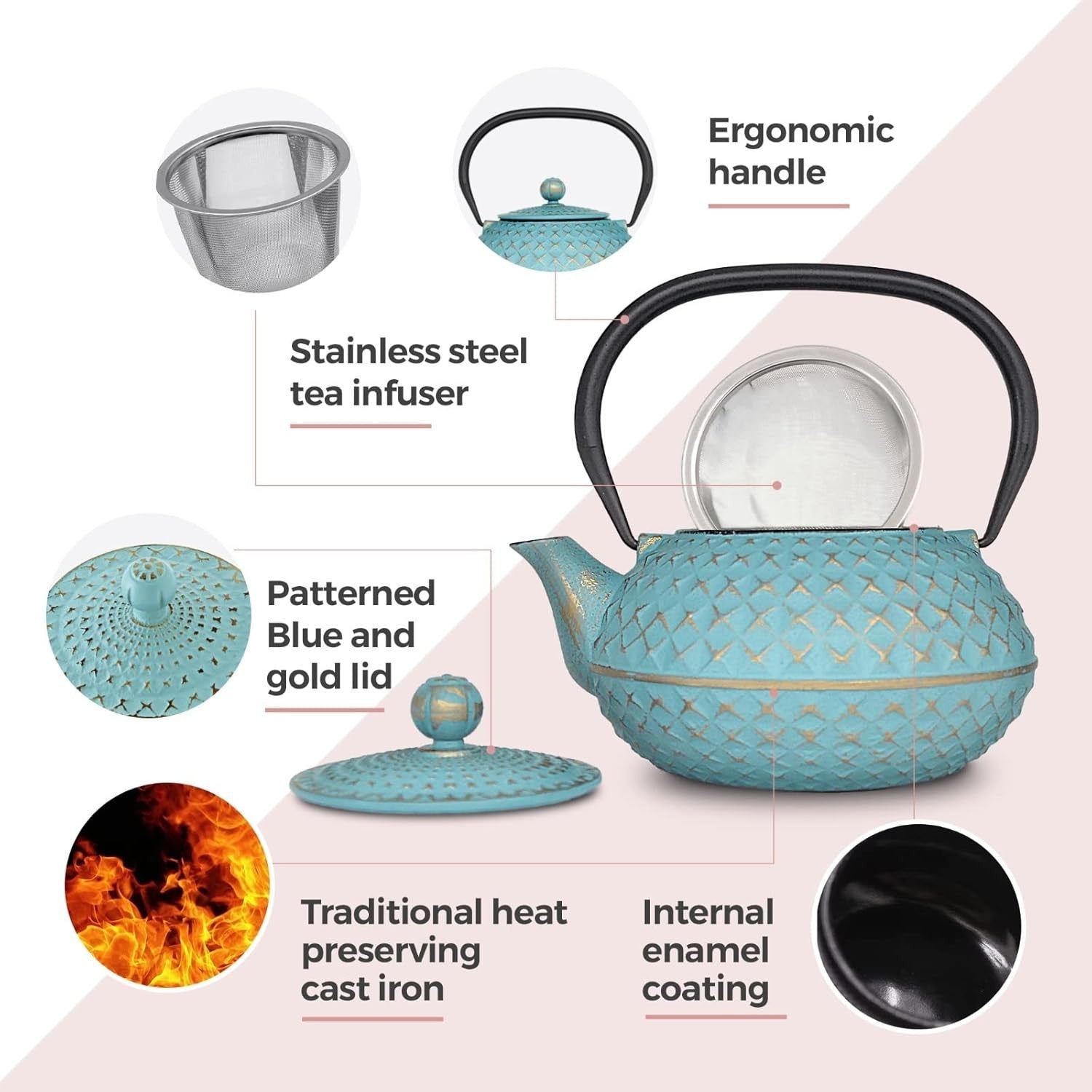 Cast Iron Teapot 900ml Chinese Tetsubin Tea Pot w Infuser Blue Diamond