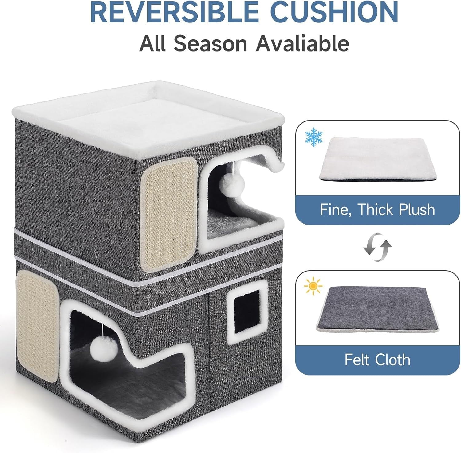 3 Layer Cat House Foldable Cat Cube Cave Condo w Scratch Pads Grey