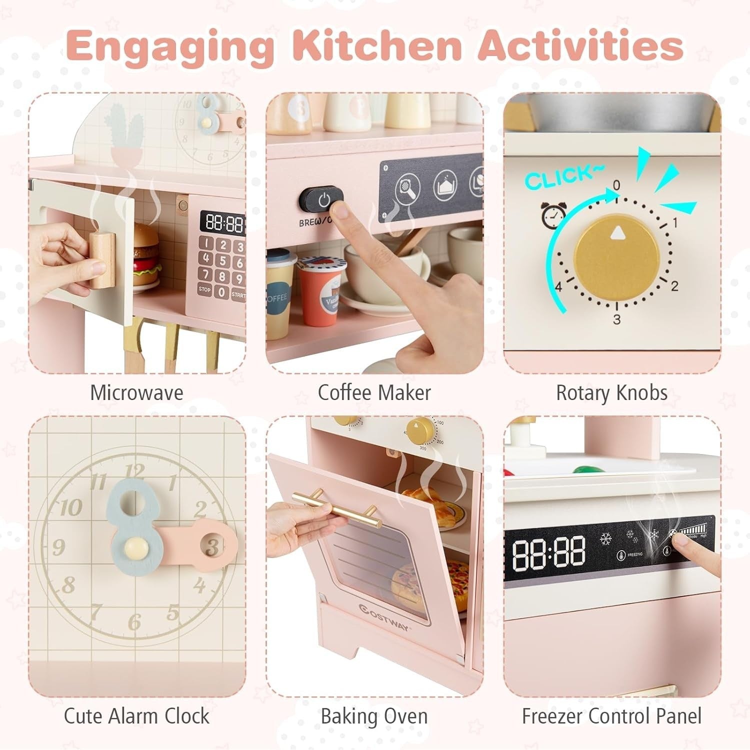 Wooden Kids Play Kitchen Pink Coffee Maker Oven 17PCS Accessories