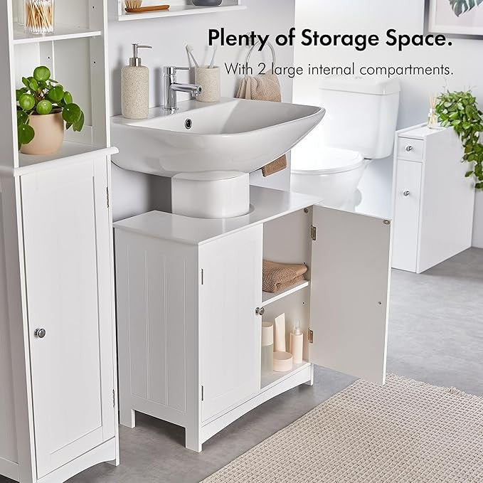 White Under Sink Bathroom Cabinet 60cm Vanity Unit with Shelves Shaker Doors