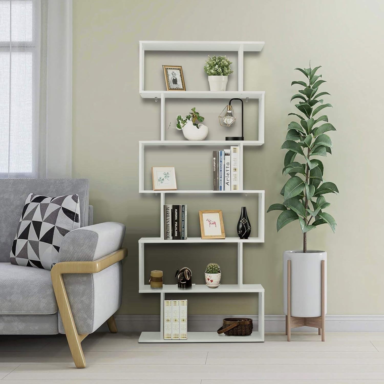 S Shaped 6 Tier Wooden Bookcase Freestanding Display Storage Shelf White