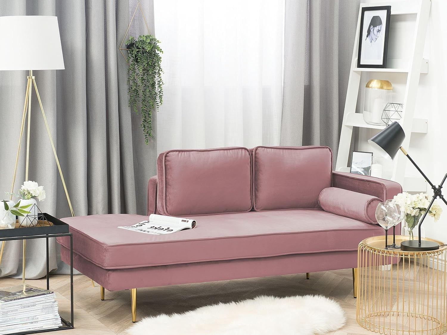 Modern Pink Velvet Chaise Lounge Gold Metal Legs Compact Stylish Seating