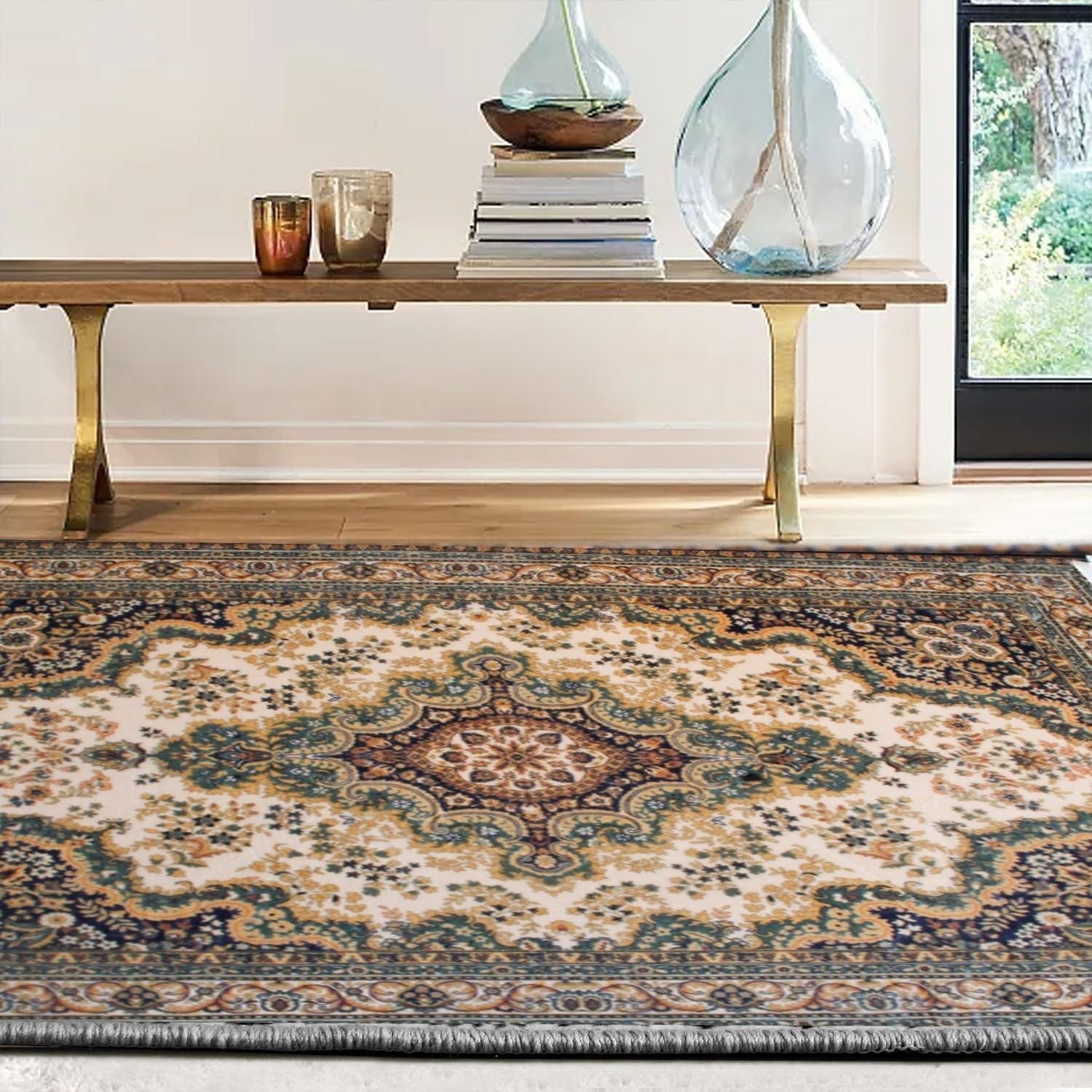 Green Vintage Oriental Rug 160x230cm Washable Low Pile Living Room Carpet