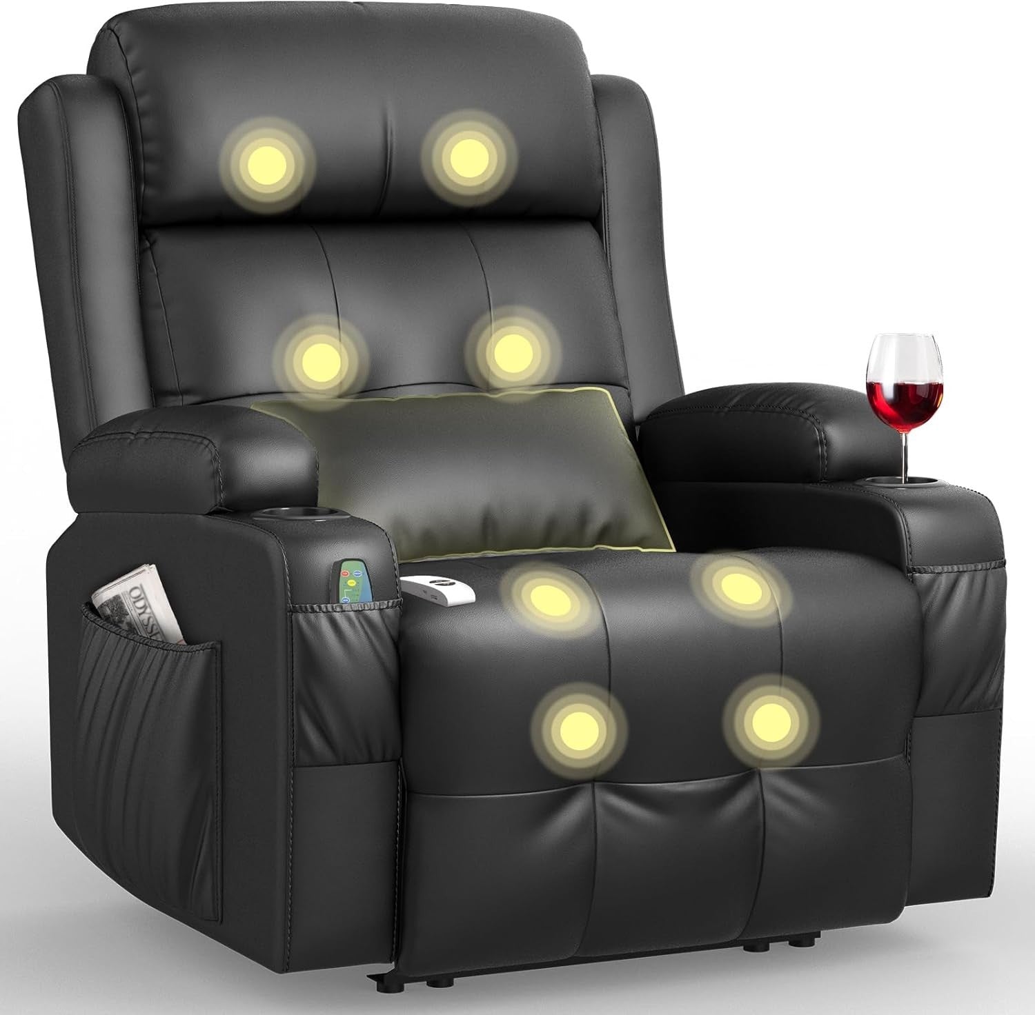 Electric Recliner Chair Massage Heat USB Type-C Cup Holders Black Armchair