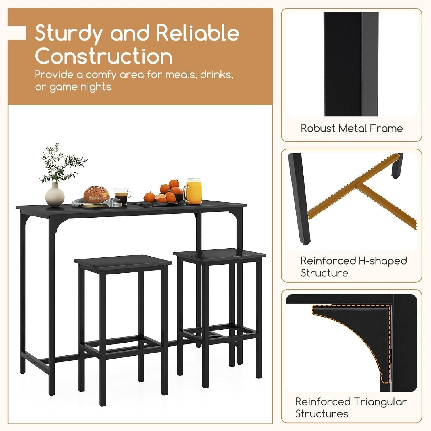 3 Piece Bar Table Set with 2 Stools Space Saving Counter Height Dining Black