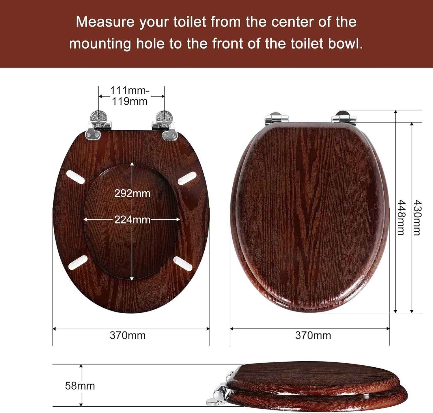 Antibacterial Wooden Toilet Seat Quick Release Oval Dark Walnut 45x37cm